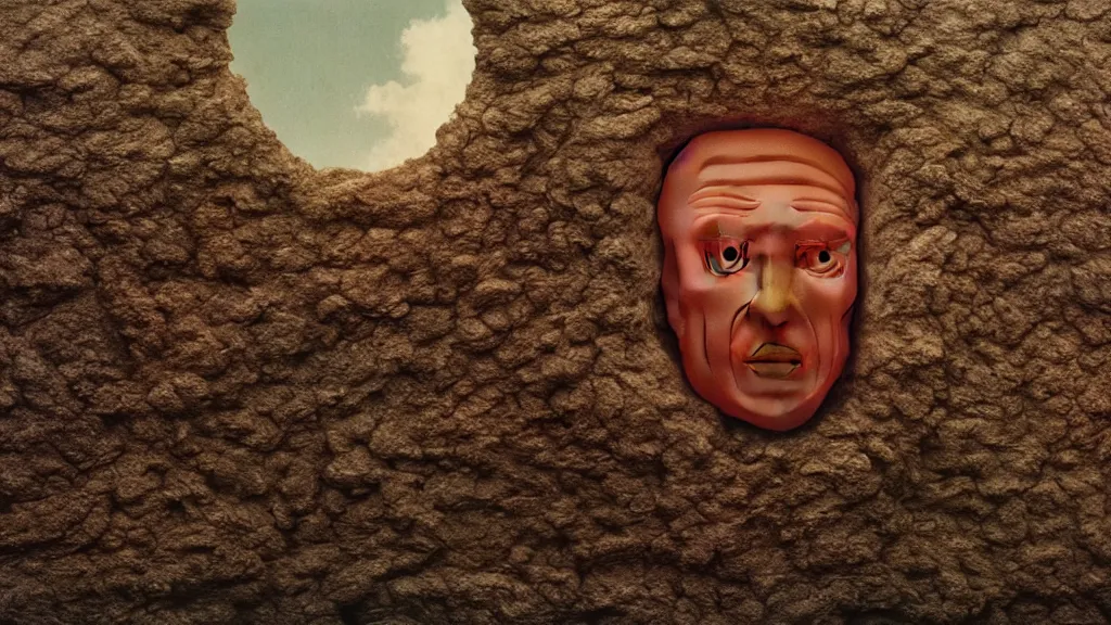 Prompt: the giant human head made of wax above the house, film still from the movie directed by Wes Anderson with art direction by Zdzisław Beksiński, wide lens