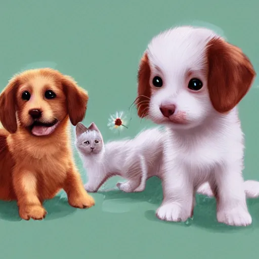 Image similar to The cutest puppy and kitten in the world are playing with each other, higly detailed, ArtStation, high quality, digital illustration