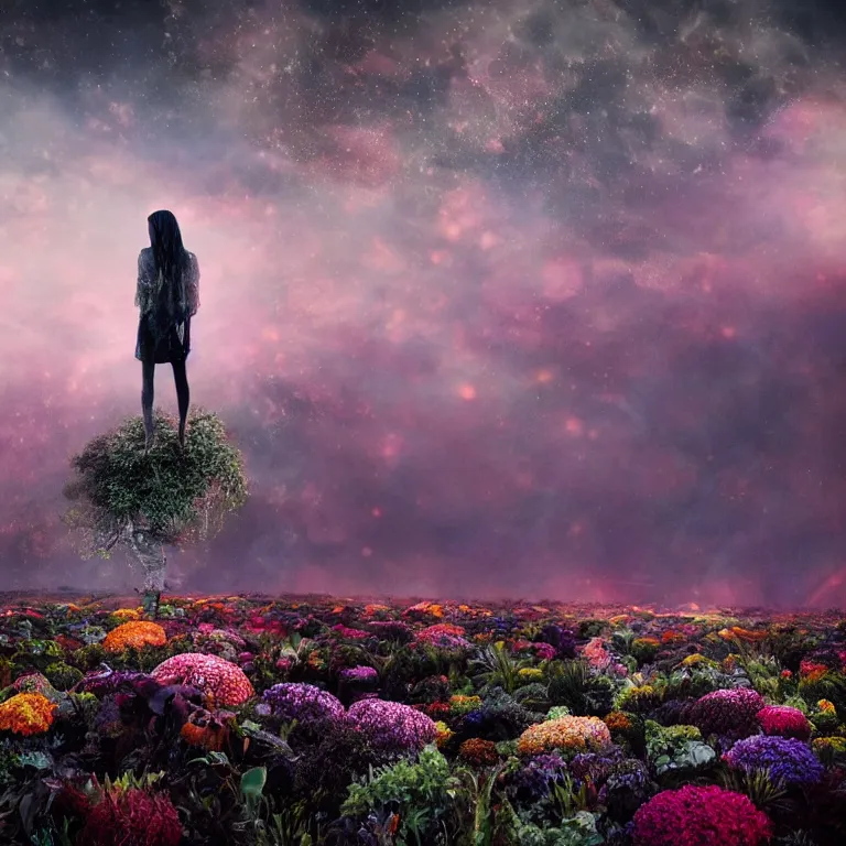 Image similar to a planet of various flowers, fungus and plants, in which the singular human figure is dressed in something magical and impressive, inside the picture is infinity, sunset light, Atmospheric phenomenon, artistic photography, muted colors, conceptual, long exposure outside the city, volumetric light