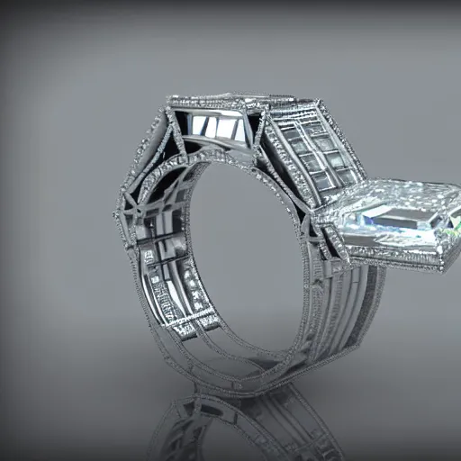 Prompt: photo of a wedding ring with two diamonds outside and one in the middle, photo realistic, hyper detailed, concept art