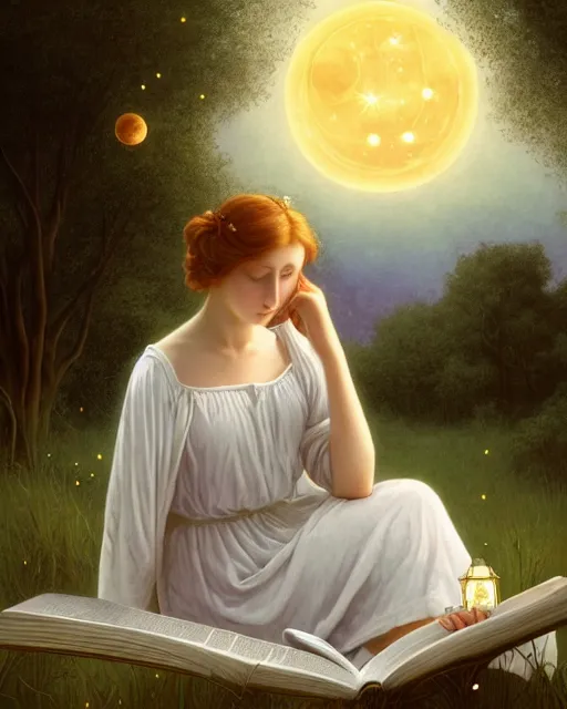 Image similar to a girl in white nightgown reading a book by the river, a full moon on the horizon, dark starry sky, golden orbs and fireflies, illustration, dramatic lighting, art nouveau, highly detailed face, 8 k, hd, by edmund blair leighton, brom, charlie bowater, trending on artstation, tom bagshaw