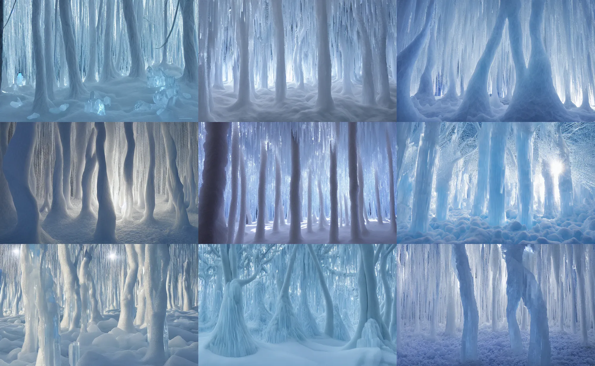 Prompt: sunlight illuminating a magnificent beautiful delicate ice sculpture tree forest, trees made out of ice, artwork by gerald brom, 4 k, masterpiece