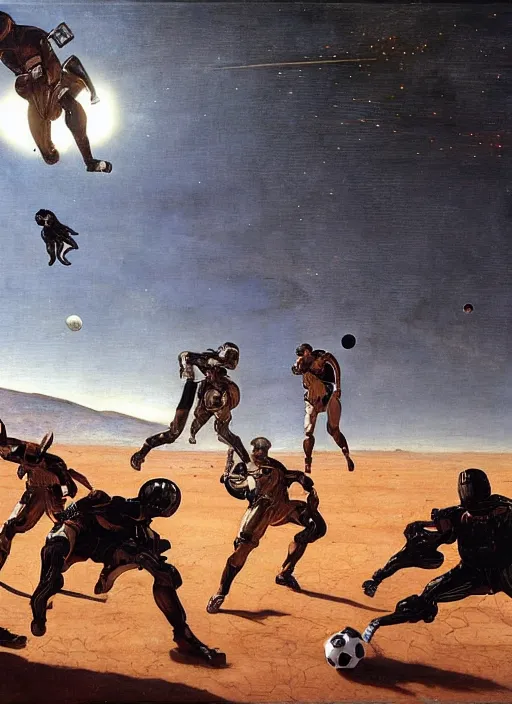 Prompt: a soccer match on mars by edgar maxence and caravaggio and michael whelan and delacroix style, artistic, intricate painting, cinematic lighting, hyper realistic, extremely detailed, establishing shot, 8 k resolution, dramatic lighting