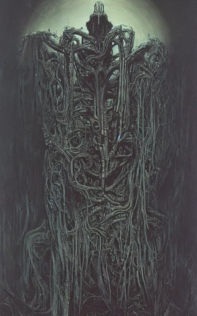 Prompt: Painting of Necronomicon by H.R.Giger and Zdzislaw Beksinski