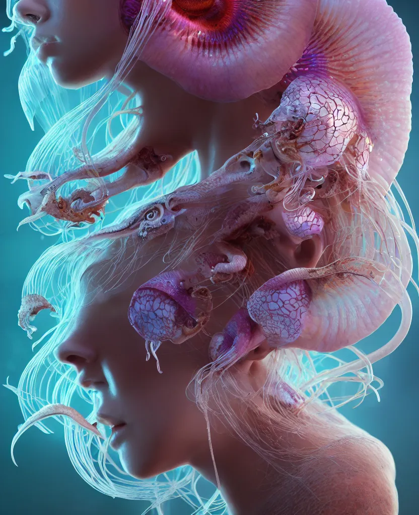 Image similar to goddess princess beautiful woman face close-up portrait ram skull. jellyfish phoenix head, nautilus, orchid, skull, betta fish, bioluminiscent creatures, intricate artwork by Tooth Wu and wlop and beeple. octane render, trending on artstation, greg rutkowski very coherent symmetrical artwork. cinematic, hyper realism, high detail, octane render, 8k