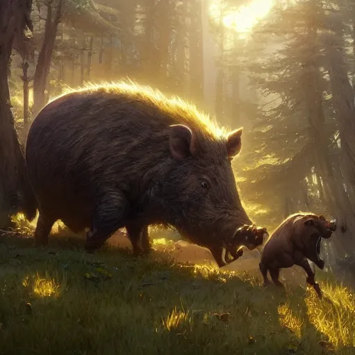 Image similar to highly detailed big boar, stephen bliss, unreal engine, fantasy art by greg rutkowski, loish, rhads, ferdinand knab, makoto shinkai and lois van baarle, ilya kuvshinov, rossdraws, tom bagshaw, global illumination, radiant light, detailed and intricate environment