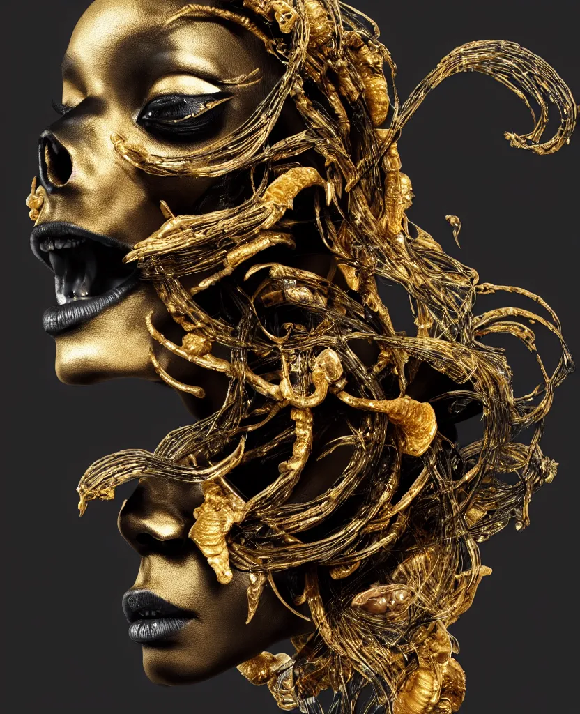 Image similar to black background. goddess princess face close-up portrait ram skull. sculpture made of gold and black charcoal. jellyfish phoenix head, nautilus, orchid, skull, betta fish, bioluminiscent creatures, intricate artwork by Tooth Wu and wlop and beeple. octane render, trending on artstation, greg rutkowski very coherent symmetrical artwork. cinematic, hyper realism, high detail, octane render, 8k