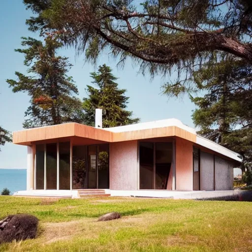 Image similar to wes anderson style modern house near the lake