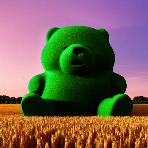 Image similar to Giant green gummy bear sitting in a wheat field, dslr, 8k, photorealistic, cinematic, ray tracing,