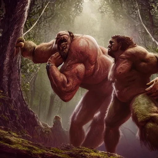 Prompt: two heads giant ettin from dnd in a dark forest, two heads, double heads, digital art, high quality render, artstation, 8 k, photograph quality, ultrahd