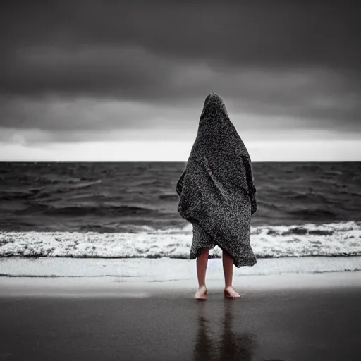 Image similar to glitch girl and very very tall monster wrapped in a blanket looks into the distance on the beach, in the rain, style of Hiroshi Sugimoto ,atmospheric,--ar 16:9