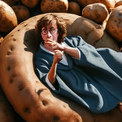 Prompt: harry potter in his robes, laying inside of a giant potato holding his wand, idaho, photography, closeup, midshot, midday, realistic, cinematic, soft lighting