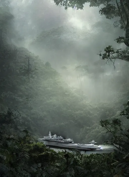 Image similar to aircraft carrier USS Nimitz overgrown with vegetation laying on the ground of a tropical forest, post appocalyptic, by Luis Royo, by Greg Rutkowski, dark, gritty, intricate, cover illustration, concept art, volumetric lighting, volumetric atmosphere, sharp focus, octane render, trending on artstation, 8k