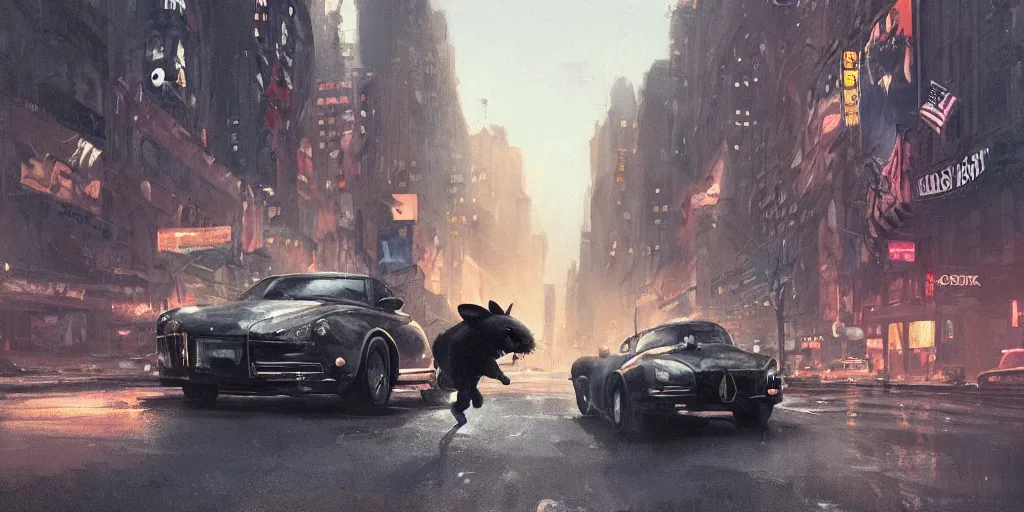 Image similar to a ferret is chasing a rabbit through the streets of new york, warm color palette, night time, dramatic lighting, noir film, fine details, high contrast, blacksad, kim jung gi, greg rutkowski, trending on artstation, 8 k, ultra wide angle