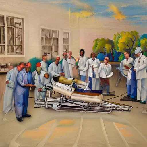 Image similar to - [ ] A beautiful painting of a team of surgeons gathered around a patient on an operating table, with one surgeon in the process of cutting into the patient\'s chest. The painting is full of intense colors and brushstrokes, conveying the urgency and intensity of the surgery. fractal manifold, Paleozoic, pastel rainbow by Gertrude Abercrombie