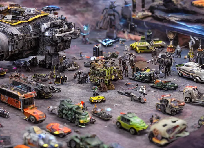 Image similar to a photo of a grand scale diorama with sci - fi vehicles and buildings and characters, macro photography