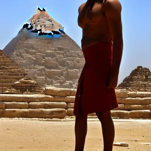 Prompt: an egyptian pharoh standing in front of the pyramids
