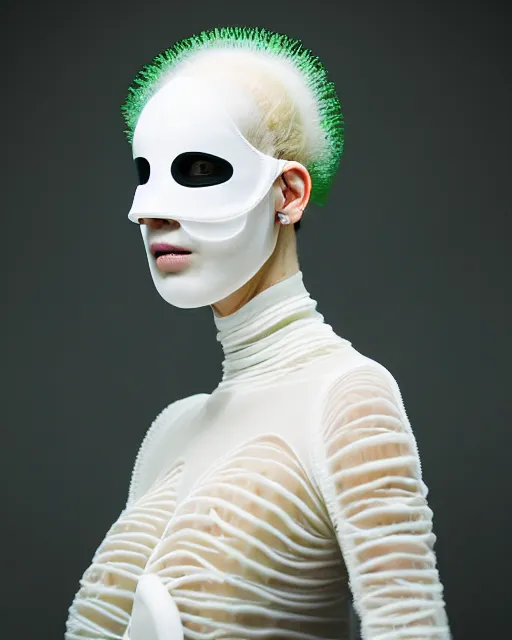 Image similar to portrait of a woman wearing a white embroidered translucent silicone mask and white green frizzy hair buns, wearing a black bodysuit by alexander mcqueen, cream white background, soft diffused light, biotechnology, humanoide robot, bjork aesthetic, translucent, by rineke dijkstra, intricate details, highly detailed, masterpiece,