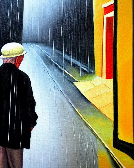 Prompt: a painting of an old man looking down the street, rain, an ultrafine detailed painting, by cabu, featured on deviantart, detailed painting, deviantart