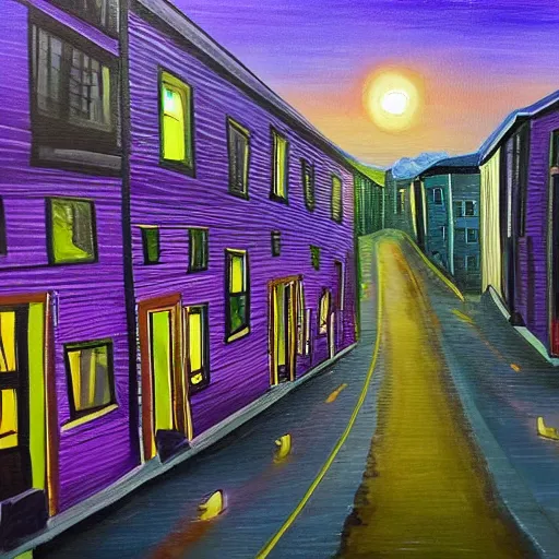 Image similar to painting of old town, horror, purple dim light, tiny houses and a big 8 floors building in the middle