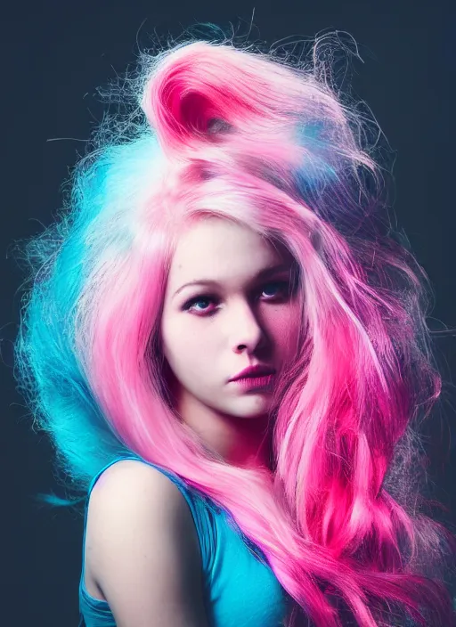 Image similar to a dramatic lighting photo of a beautiful young woman with cotton candy hair. blood splashes with a little bit of cyan and pink