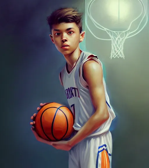 Prompt: portrait of a boy holding a basketball playing basketball wearing a basketball uniform in a basketball court, intricate, elegant, highly detailed, centered, digital painting, artstation, concept art, smooth, sharp focus, illustration, by Peter Mohrbacher, WLOP