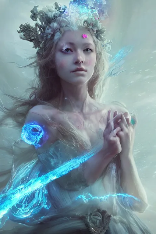 Image similar to face closeup of extremely beautiful girl necromancer, magical fairy exploding into flowers and ice, angels, 3 d render, hyper - realistic detailed portrait, holding fire and electricity rainbow, ruan jia, wlop. scifi, fantasy, magic the gathering, hyper detailed, octane render, concept art, peter mohrbacher
