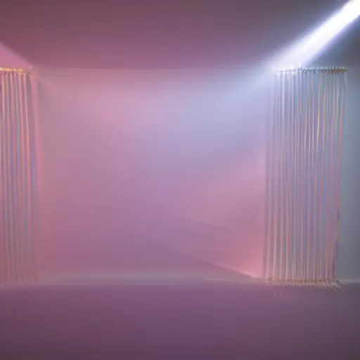 Image similar to an ultra high definition professional studio quality photograph of a transparent iridescent perspex pastel coloured inflatable abstract parachute furniture in an empty white room. dramatic lighting, ray tracing, refraction, shallow d. o. f, colour corrected, golden ratio, three point light. volumetric shadows. god rays.