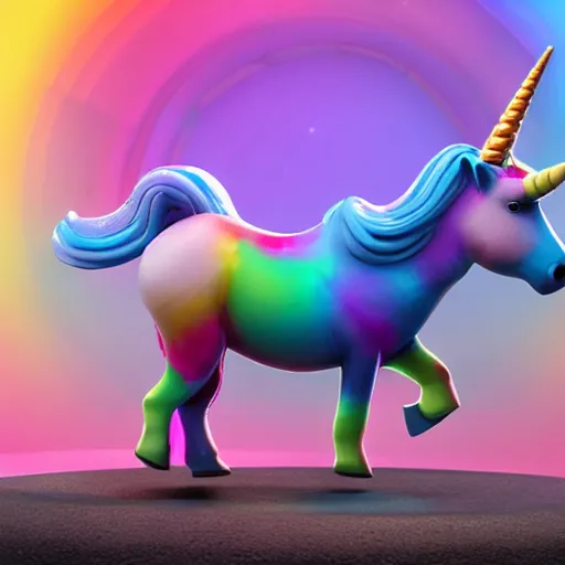 Image similar to a unicorn with flammingo neck is pooping rainbow colored donuts, unreal engine, octane render