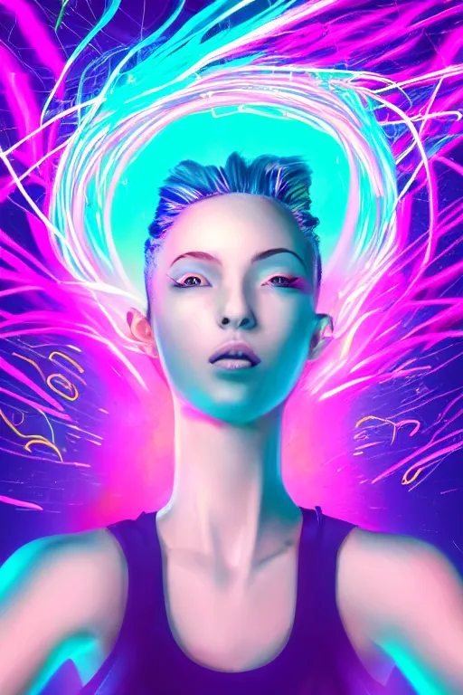 Prompt: a award winning half body portrait of a beautiful woman in a croptop and cargo pants with ombre purple pink teal hairstyle with head in motion and hair flying, surrounded by whirling illuminated lines, outrun, vaporware, shaded flat illustration, digital art, trending on artstation, highly detailed, fine detail, intricate