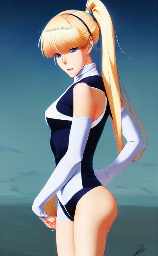 Prompt: An anime portrait of beautiful BLONDE FEMALE WEARING A UNITARD still from Robotech 1985 by Stanley Artgerm Lau ,WLOP , Ilya Kuvshinov , James Jean , Andrei Riabovitchev symmetrical, FULL BODY