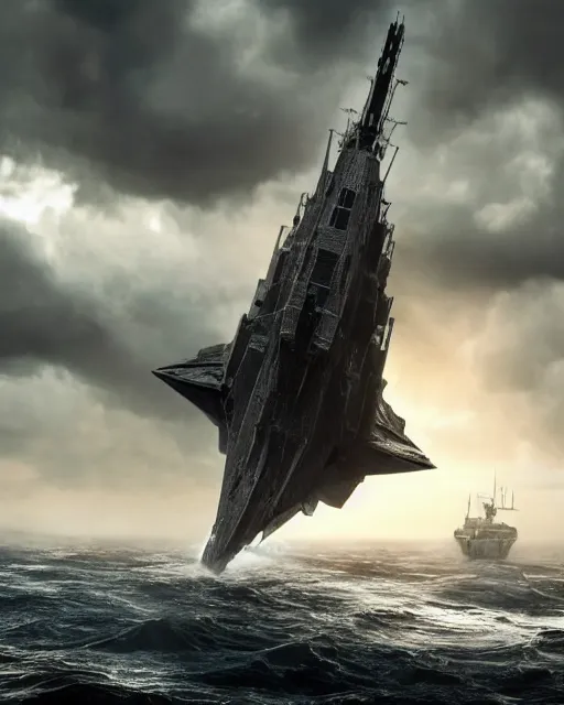 Image similar to scifi action scene of a fishing boat on stormy seas, a terrifying gigantic star destroyer spaceship flying overhead, the gigantic star destroyer spaceship is emerging from storm clouds, sunset lighting, stormy weather, dramatic lighting, unreal engine, hyper realism, realistic shading, cinematic composition, realistic render, octane render, detailed textures, photorealistic, ultrawide shot, 1 6 mm lens