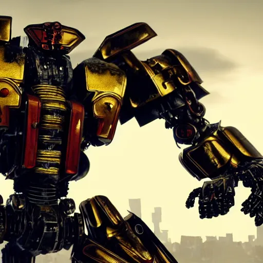 Image similar to a shiny ornate boxing humanoid mecha in ruin city, victory, punk style, by war robots, real steel ( 2 0 1 1 ), westworld and eve venture and pacific rim and machine warrior 5, cryengine, frostbite 3 engine, scarlet and yellow scheme, sharp focus, 8 k, high definition, insanely detailed, soft lighting, smooth face