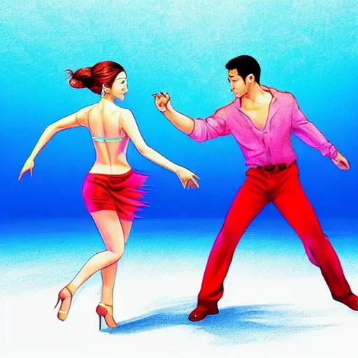 Prompt: semi realistic portrait Salsa Dancing inside clear blue ocean water by Hyung-tae Kim and by Artgerm Lau , color overlay, rim light and highlights , Gesture draw, Salsa Social Dance, couple, Salsa tricks, WLOP, Hyung-tae Kim, Rossdraws, Gesture draw, James Jean, Andrei Riabovitchev, Marc Simonetti, and Sakimichan, trending on artstation
