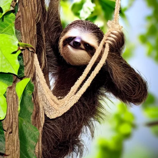 Image similar to an energetic young sloth with big eyes swinging on a vine