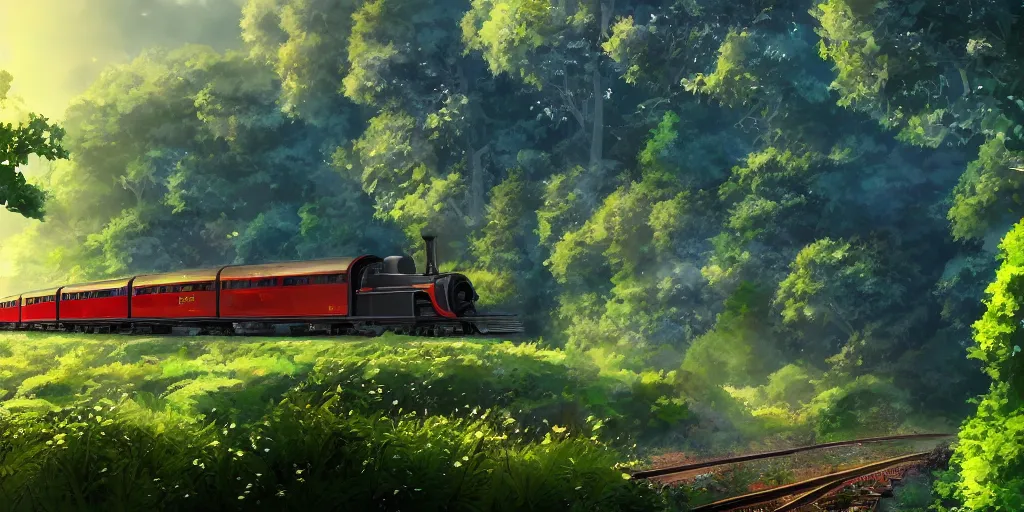 Prompt: A beautiful illustration of beautiful Hogwarts train, castle, leaves, trees, steam, magic, wide angle, by makoto shinkai, Wu daozi, very detailed, deviantart, 8k, wallpaper, tropical, colorful, airy, anime illustration, anime nature wallpap