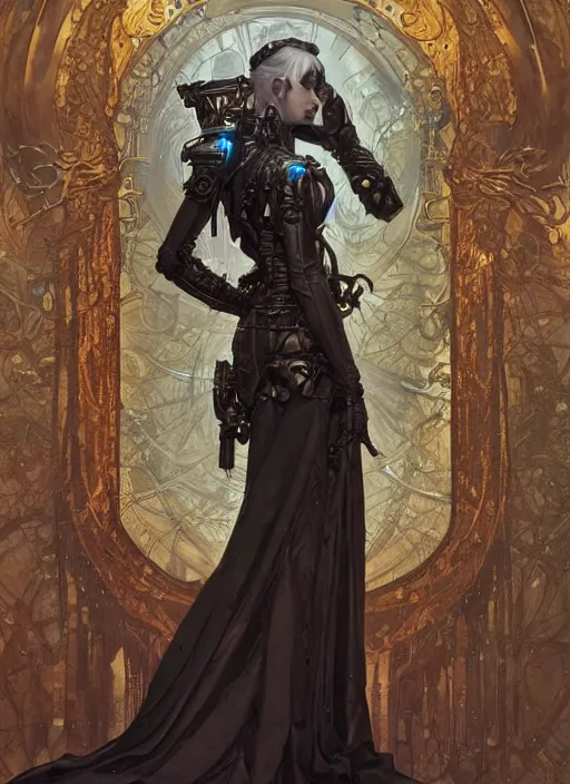 Prompt: beautiful pale gothic maiden, warhammer 40000, cyberpunk, intricate, elegant, highly detailed, digital painting, artstation, concept art, smooth, sharp focus, illustration, art by artgerm and greg rutkowski and alphonse mucha and Gustav Klimt