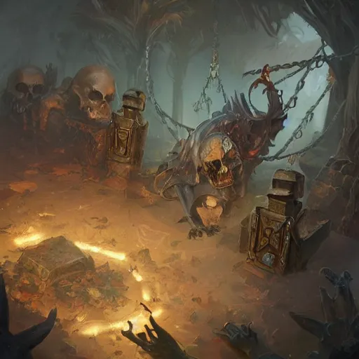 Image similar to a deadly metal trap, chained trap, skulls and corpses, hearthstone art style, epic fantasy style art by Craig Mullins, fantasy epic digital art, epic fantasy card game art by Greg Rutkowski