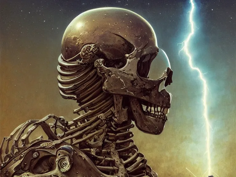 Prompt: a detailed profile oil painting of a skeleton in a space armour, cinematic sci-fi poster. technology flight suit, bounty hunter portrait symmetrical and science fiction theme with lightning, aurora lighting clouds and stars by beksinski carl spitzweg and tuomas korpi. baroque elements. baroque element. intricate artwork by caravaggio. Trending on artstation. 8k