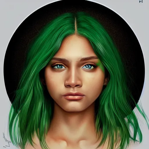 Prompt: a green haired teenager, blue eyes, brown skin, cheeky smile, deep focus, elegant, digital painting, smooth, sharp focus, golden ratio, illustration, ultra realistic, 8 k, art by artgerm and caravaggio