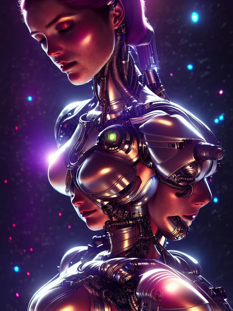 Prompt: ultra realistic, beautiful female cyborg, in a club in space metropolis, sci-fi, intricate details, eerie, highly detailed, octane render, 8k, art by artgerm and alphonse mucha and moebius