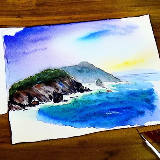 Prompt: a beautiful watercolor and pen painting of the california coastline