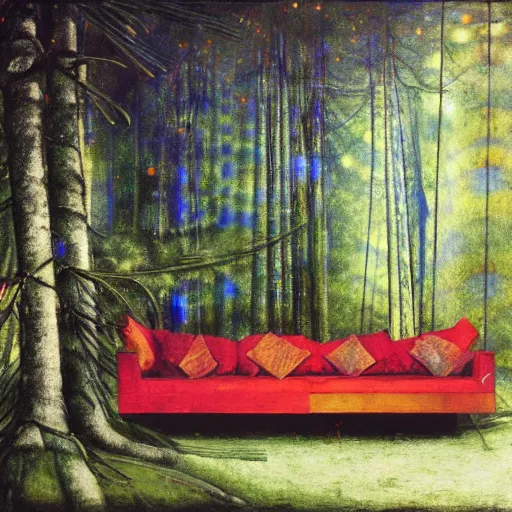 Image similar to psychedelic couch sofa in the lush pine forest, milky way, designed by arnold bocklin, jules bastien - lepage, tarsila do amaral, wayne barlowe and gustave baumann, cheval michael, trending on artstation, star, sharp focus, colorful refracted sparkles and lines, soft light, 8 k 4 k