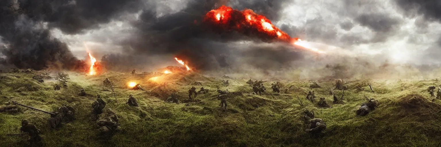 Image similar to natural looking fight landscape of ww 1 trenches, soldiers fighting with resistance aliens, green gas spreading across land, futuristic tank is on fire, ground explosion in the background, alien mothership in the sky, hyper realistic, highly detailed, dramatic lighting, raytarced, god rays, 4 k, 8 k, matte painting