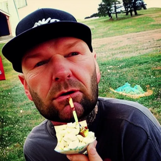 Prompt: “ fred durst eating a giant bowl of skittles ”