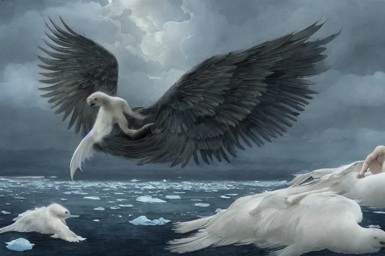 Prompt: harpies descending from the sky towards a baby harp seal on sea ice, with a gray and cool sky, ominous lighting, water color, art by artgerm and greg rutkowski and alphonse mucha and jin xiaodi and anthony devine
