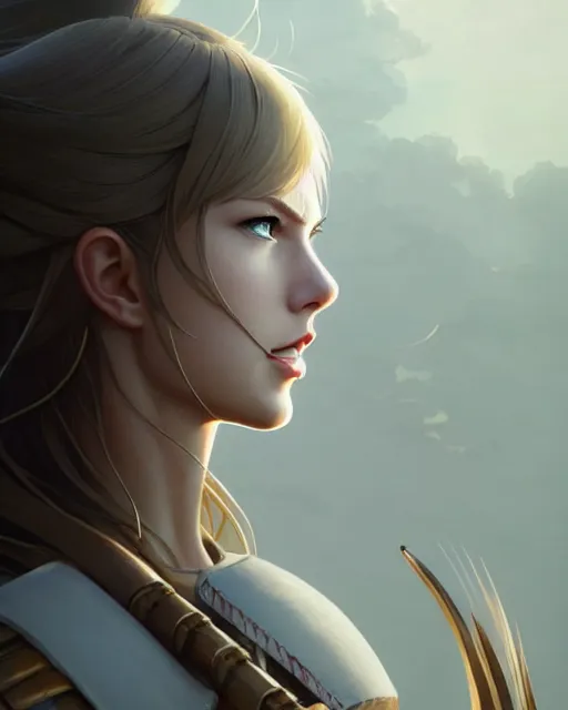 Image similar to azctec warrior, taylor swift, detailed perfect face, exquisite details, fire magic, mid view, design on a white background, by studio muti, greg rutkowski makoto shinkai takashi takeuchi studio ghibli