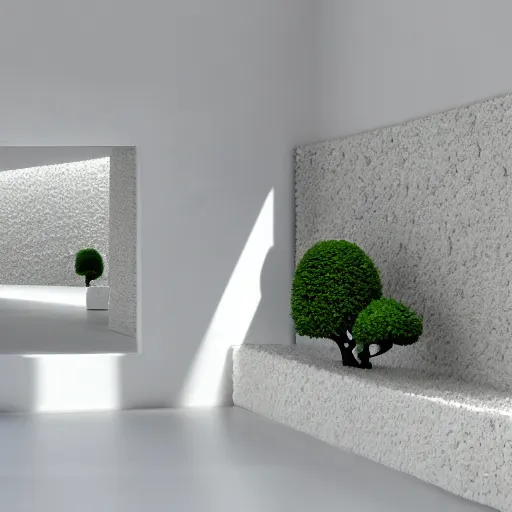 Image similar to white zen clean modern minimalist white room with small rock garden and bonsai tree by peter tarka in an ivory room well contoured smooth fair walls, up close shot, sharp focus, zen, clean, modern minimalist, zaha hadid octane highly render, 4 k, ultra hd,