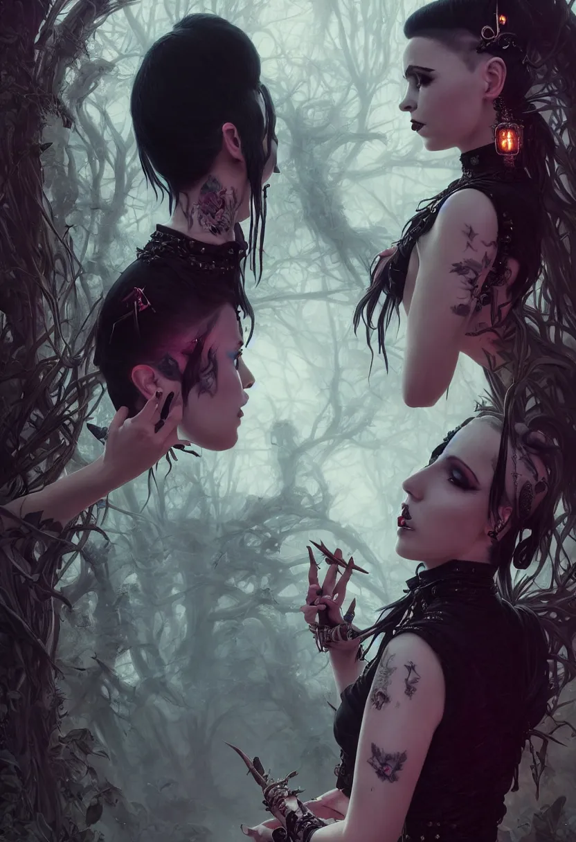 Image similar to beautiful very extreme closeup portrait, reflection in mirrors, goth girl, piercings collar, mohawk hairstyle, medieval dress. witch, makeup. unreal engine, greg rutkowski, loish, rhads, beeple, tom bagshaw, alphonse mucha, global illumination, detailed and intricate environment