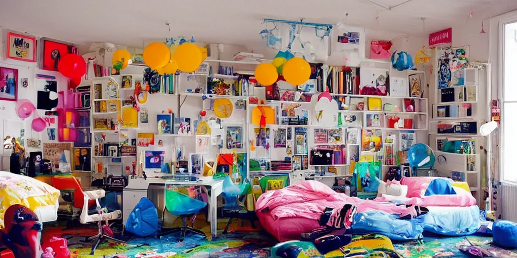 Image similar to a teens room in the 90s with transparent inflatable chairs and 90s novelty items and an old computer